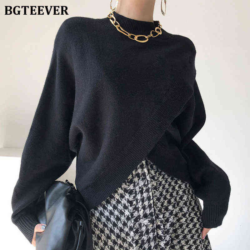 

BGTEEVER Stylish Criss-Cross Knitted Jumpers 2021 Autumn Winter Half Turtleneck Women Sweater Pullovers Loose Female Knit Tops Y1110, Gray