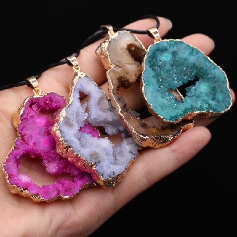 

Pendant Necklaces Natural Stone Agates Druzy Crystal Necklace Quartz Brazil Druzys Charms Wax Thread Chain For Women Jewelry