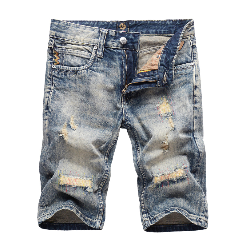 

2021 New Fashion Classical Men Short Retro Wash Embroidery Ripped Designer Denim Streetwear Summer Jeans Shorts Hombre R69c, Retro color