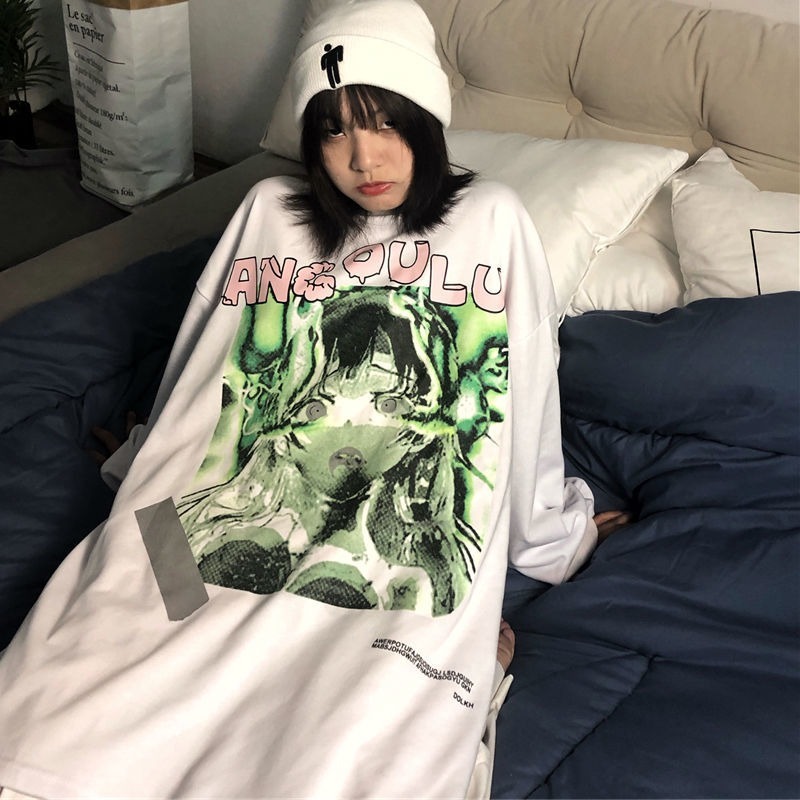 

Kawaii Cute Cartoon Print Girls 2021 Fashion Korean Kpop Cute Sweatshirt Harajuku Anime Sweatshirt Women Tops Long Sleeve, Black