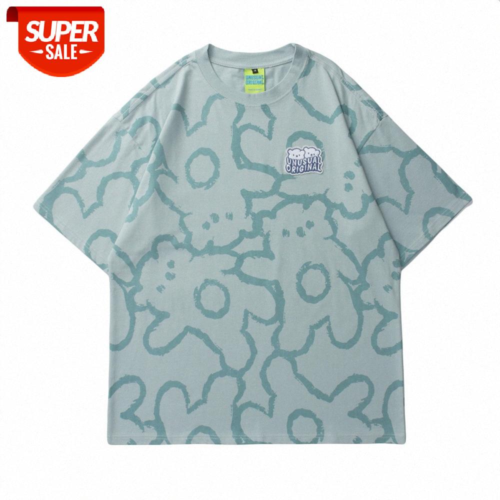 

Bear full print short-sleeved T-shirt men's street flow loose round neck half sleeve five-point #rM84, White;black