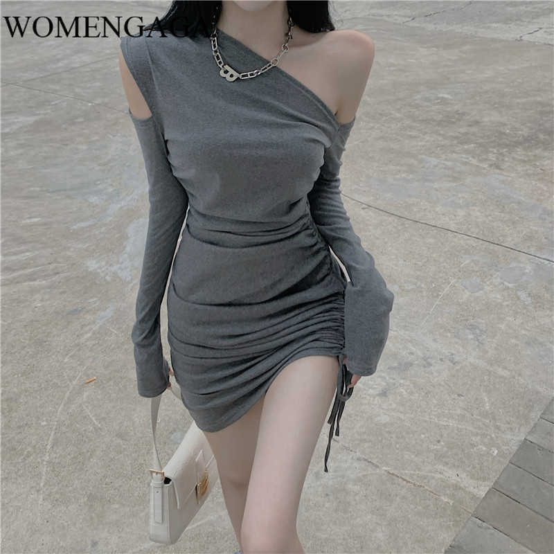 

WOMENGAGA Slim Fold Mini Dres's Autumn Winter Sexy Strapless Tight Bottom Hip Dresse JYEK 210603, Gray