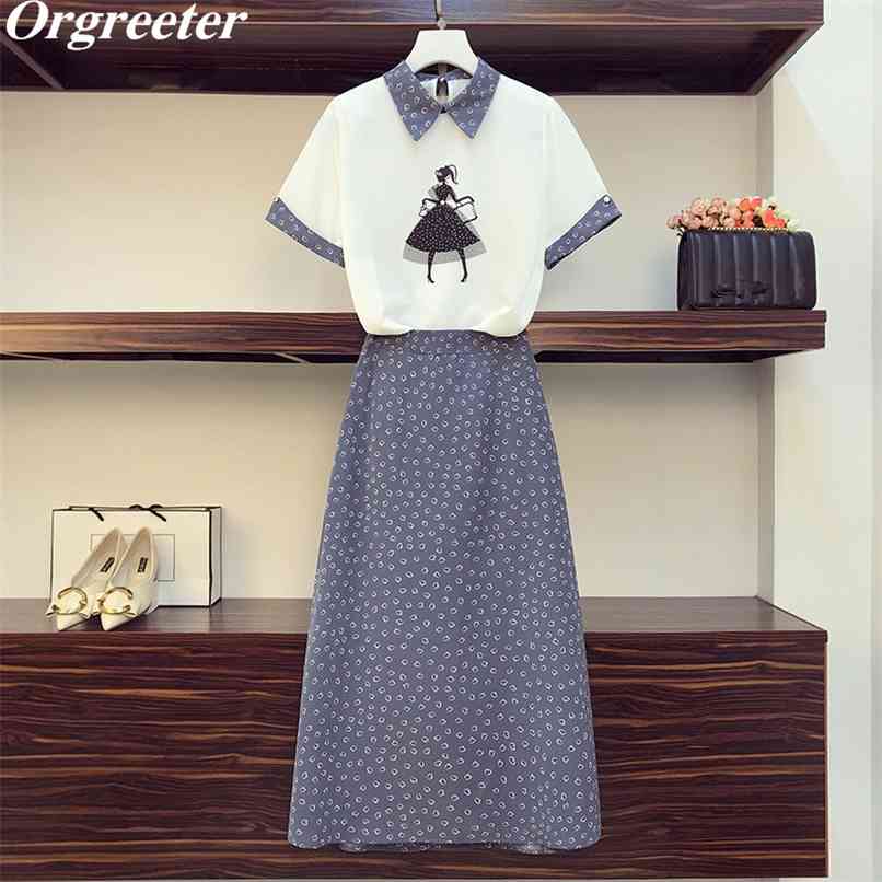 

High Quality Summer Plus Size Women Girl pattern Printted Beaded Tshirt + Elastic Waist Dot Chiffon Maxi Skirt 2 piece sets 210602, Black