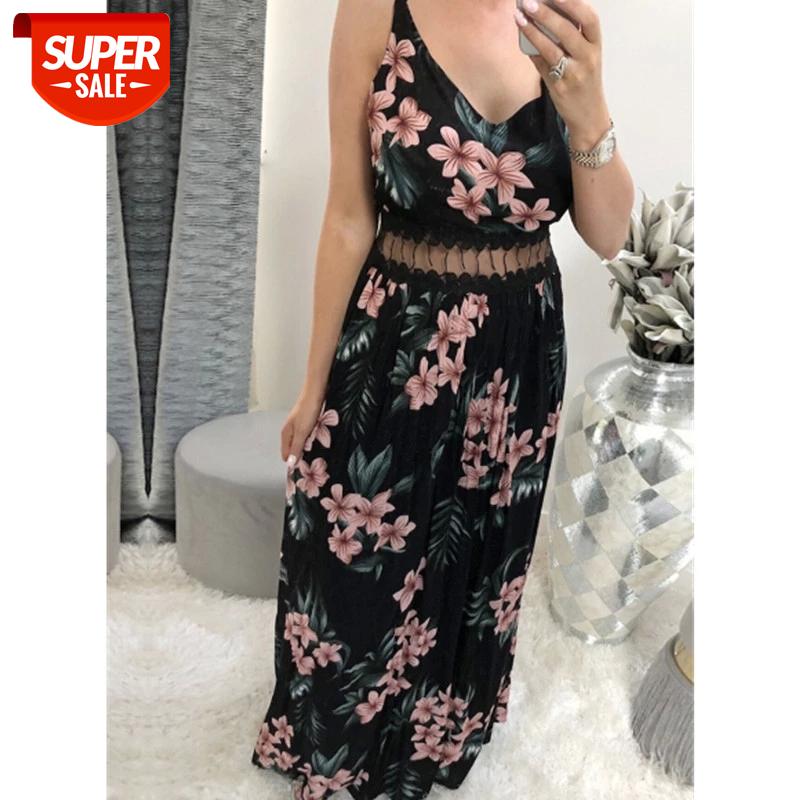 

2020 Fashion Women Sleeveless Floral Print Waist Hollow V Neck Summer Dress Beach Holiday Party Loose Long Sundress #U87J, Black;gray