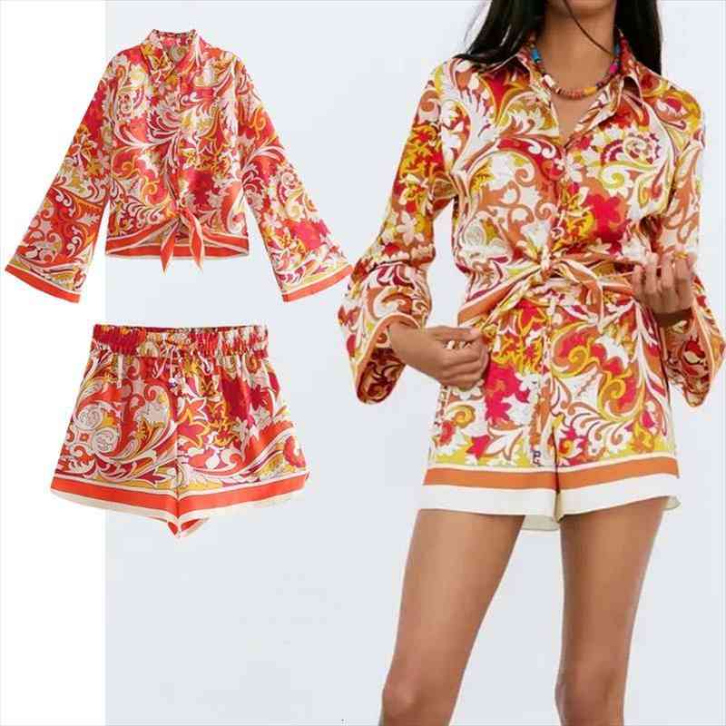 

Summer Women Fashion Shorts Sets Za Long Sleeve Tops Print Knotted Shirt high Waist Pants 2 Piece Set Woman Suit, Gray