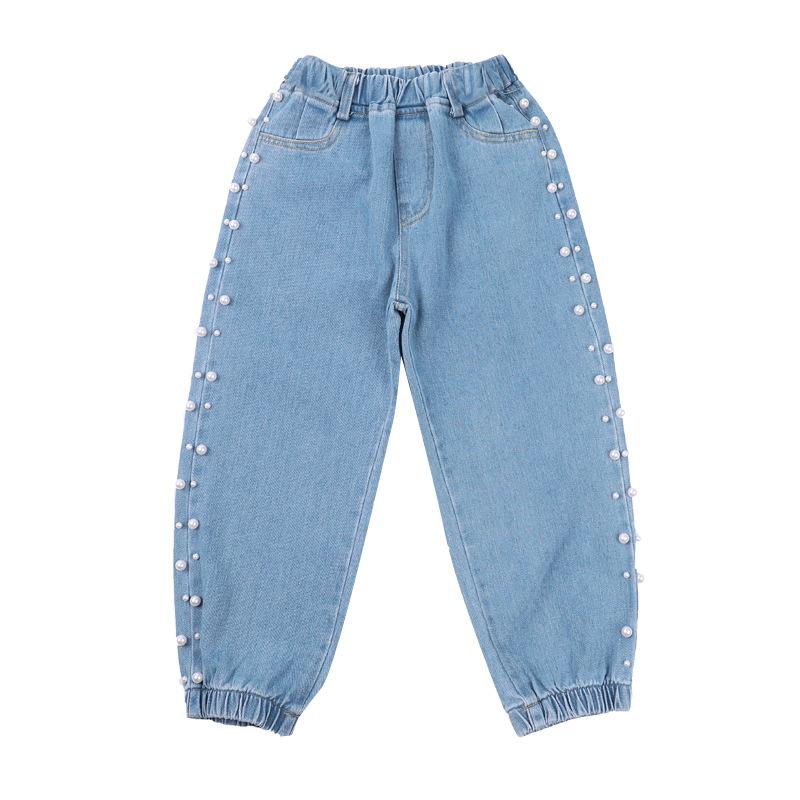 

3-11Yrs Girl's Fashion Pearl Jeans 2021 Spring Young Girl's Bead Web Celebrity Temperament Trousers Big Size Pearl Kid's Jeans, Blue