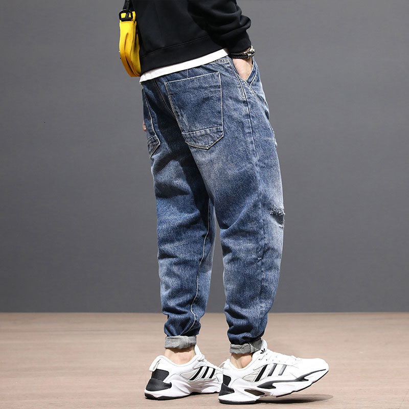 

2021 New Japanese Style Fashion Loose Fit Spliced Ripped Harem Pants Retro Blue Vintage Designer Hip Hop Jeans Men 86a1