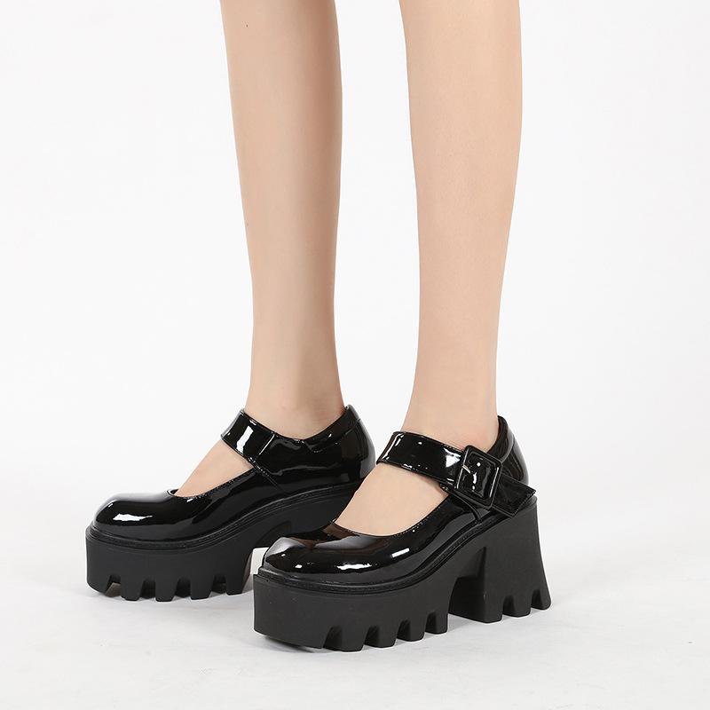 

Dress Shoes Mary Jane Women High Heel Patent Leather Women's British Style Black Heels, Black 9.5cm heel