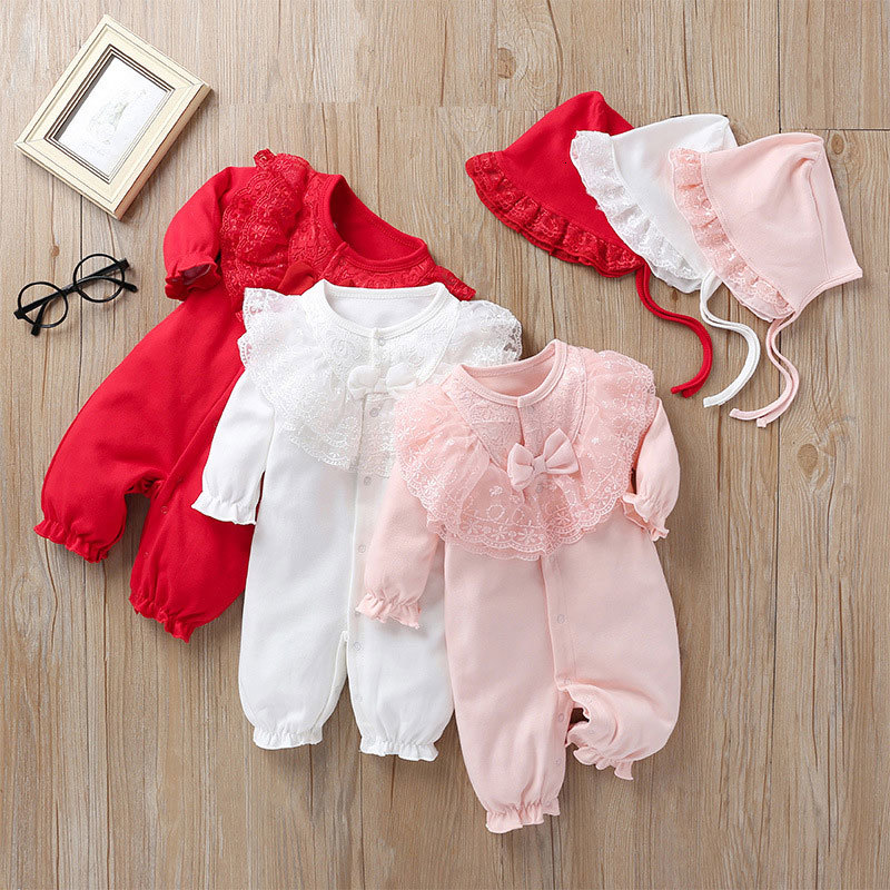 

2021 New Cotton Long Sleeve Girls Rompers+hat Soild Color Lace Newborn Baby Spring Autumn Toddler Clothes 3-9months Uzs9, White