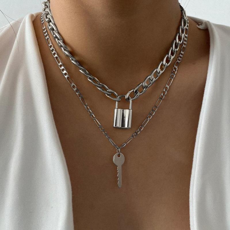 

Goth Cuban Chain Necklace Punk Gold Color Neck Chains Layered Lock Key Pedant For Women Men Lovers Choker Jewelry Charm