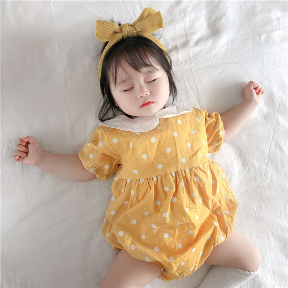 

Summer baby short sleeve one piece girl small Lapel wave point ha clothes crawling, White