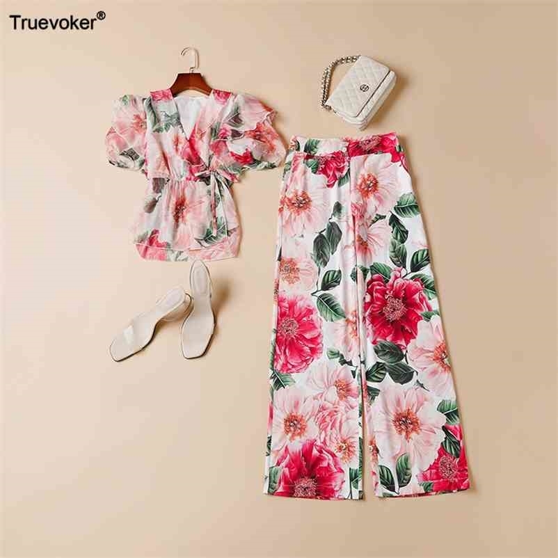 

Truevoker Summer Runway Fashion Two Piece Suit Cute Peony Print Tied Waist Tops + Long Pant Lady Sets 210602, Pink