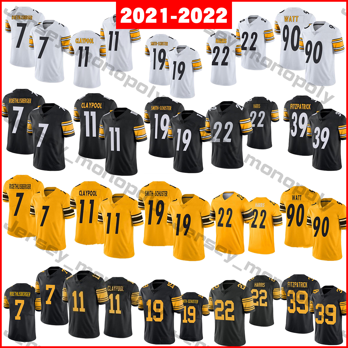 

2021-2022 Football Jerseys 7 Ben Roethlisberger 11 claypool steelers 19 Smith-Schuster 22 Najee Harris 39 Minkah Fitzpatrick 90 T.J. Watt, As