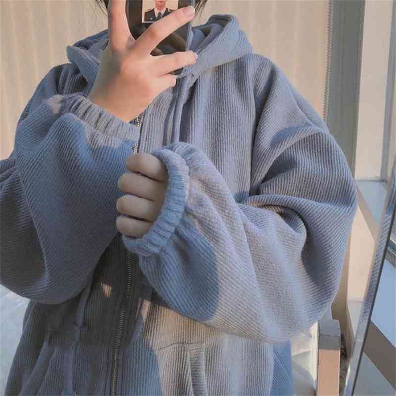 

Plush and thickened lazy style solid color sweater for women 2020 winter new Korean loose fitting hooded student coat, Blue "plush and thicken"