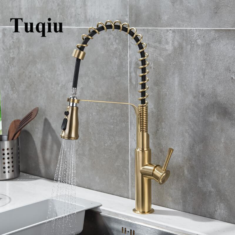 

2021 New Brushed Gold Faucets Deck Mounted Pull Out Kitchen Faucet Spring Spout Mixers Tap Hot Cold Water Crane N6hr