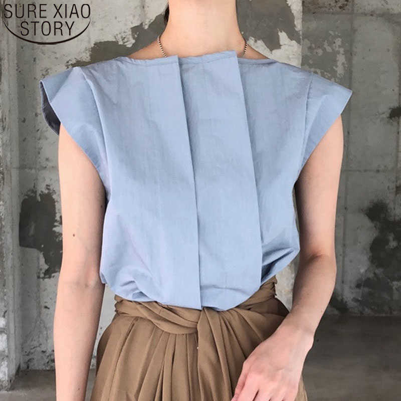 

Summer Work Style Women Tops Chic Pleated O Neck Simple Blouse Women Short Sleeve Black All Match Ladies Tops Blusas 14157 210527, Blue