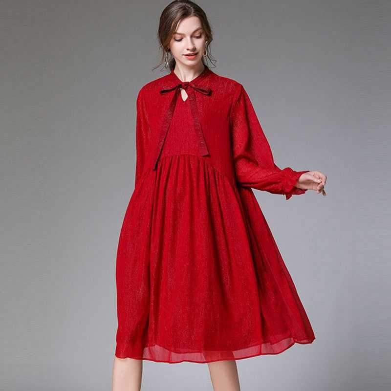 

Solid Plus Size Pleated Dresses Autumn A Line Flash Chiffon Drilling Lace-up Dress Women 210615, Red