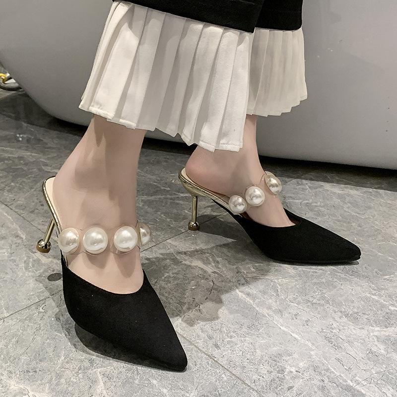 

Sandals Pearl Black Women Slippers Summer Shoes Woman Mules Heels 2021 Womens Outdoor Most Sold Products, Black 8 cm