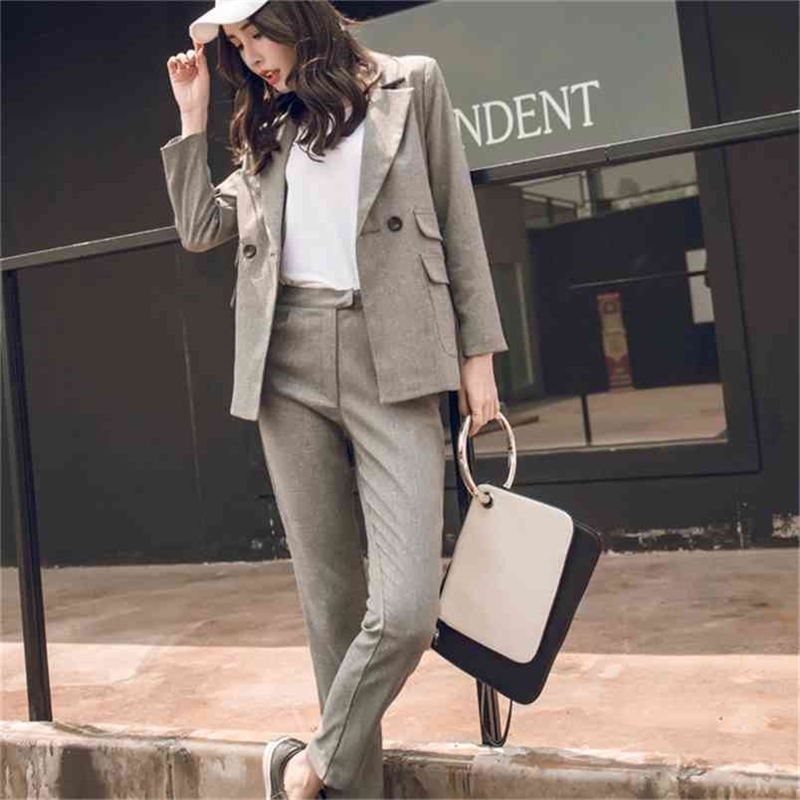 

Office ladies Solid Color blazer suit Double breasted pockets female pants set Streetwear elegant women 210603, Picture color