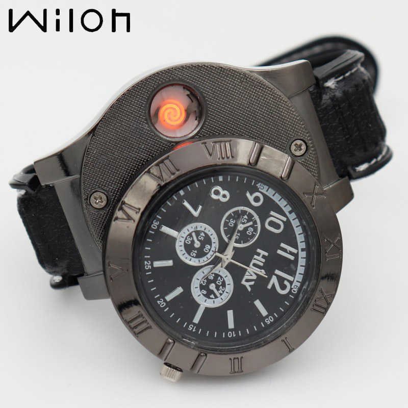 

Outdoor Sports Military Lighter Quartz Watch men USB Charging Wristwatches Flameless Cigarette lighter F665 male Clock 210728, Slivery;brown