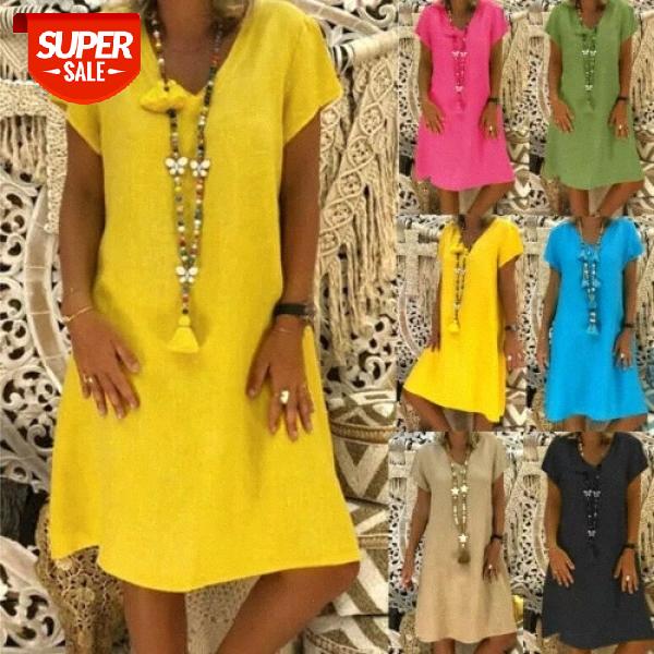 

Plus Size Women's Cotton Summer Short Sleeve Long T-Shirt Ladies V Neck Casual Dress #Pa8g, Black;gray