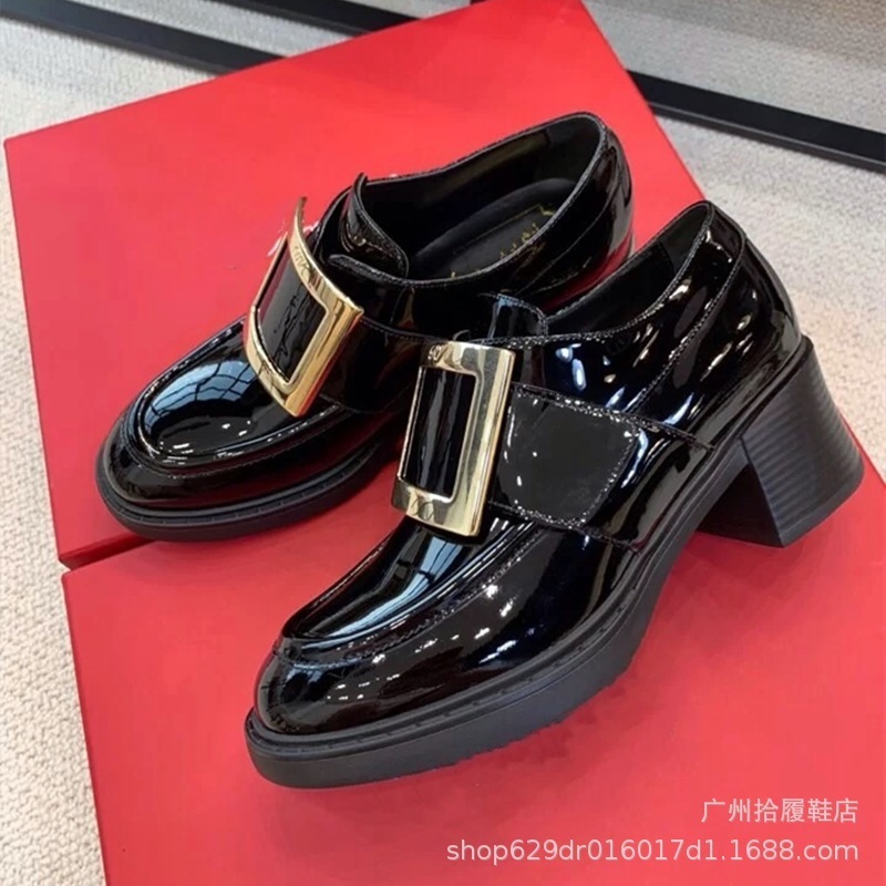 

NEW RV square button Lefu shoes women's patent leather thick heel round head diamond black British style single shoes1, Square button black