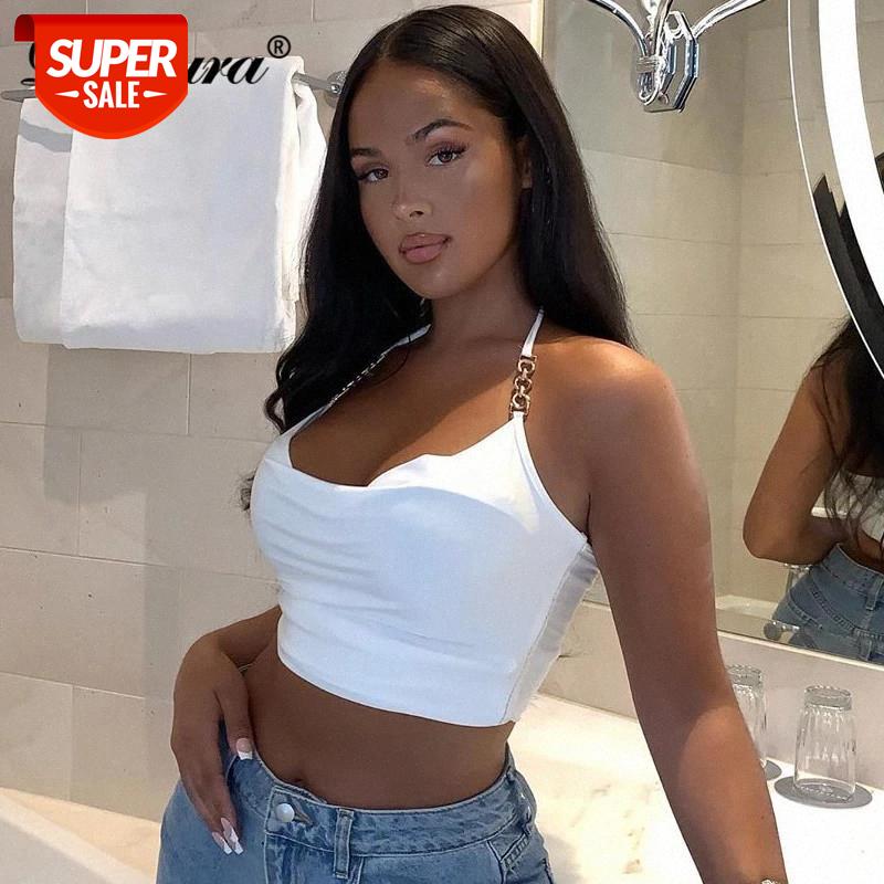 

Dulzura Solid Women White Halter lace up Crop Top Camis Chain Backless Bodycon Sexy Party Elegant Streetwear 2020 Autumn Winter #bJ4N