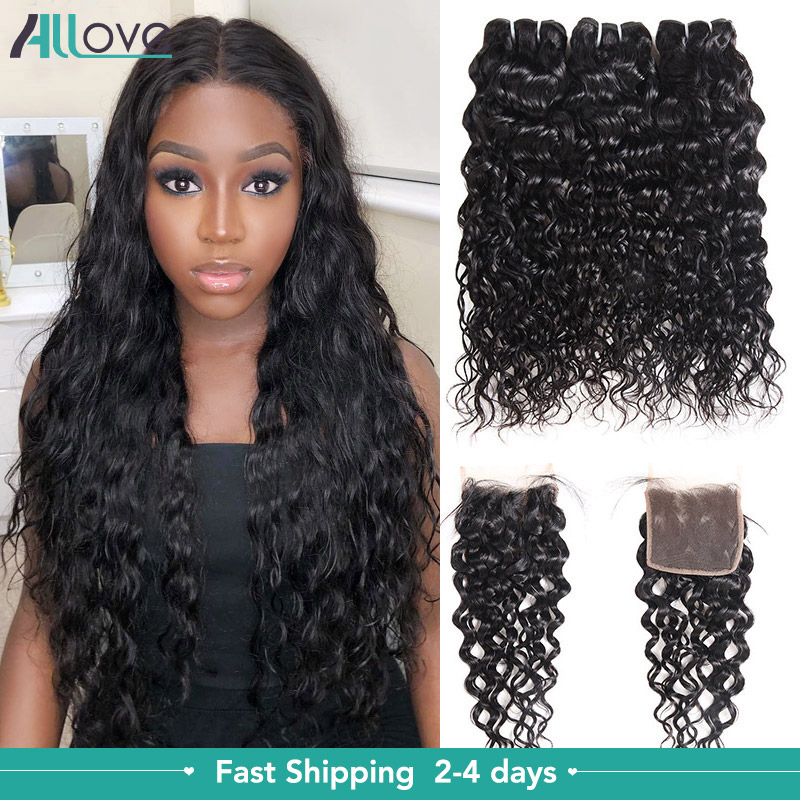 

Allove Brazilian Human Hair Bundles Wefts With Closure Extensions Water Peruvian Deep Loose Wave Curly Body Straight Virgin Weave for Women All Ages Natural Black