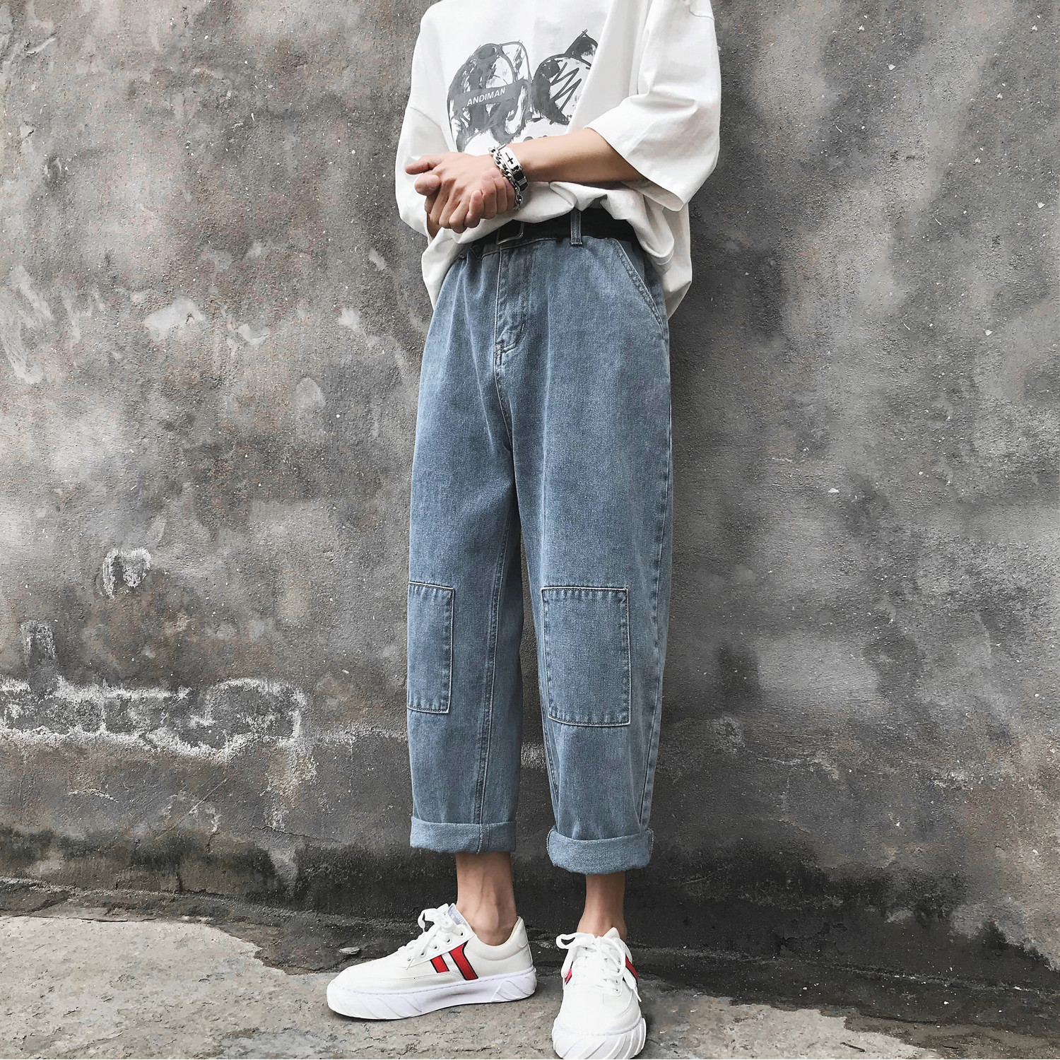 

2021 New Men' Cargo Pocket Wash Jeans Casual Baggy Homme Wide Leg Pants Biker Denim Light Blue Color Trousers Size -2xl Aiy4