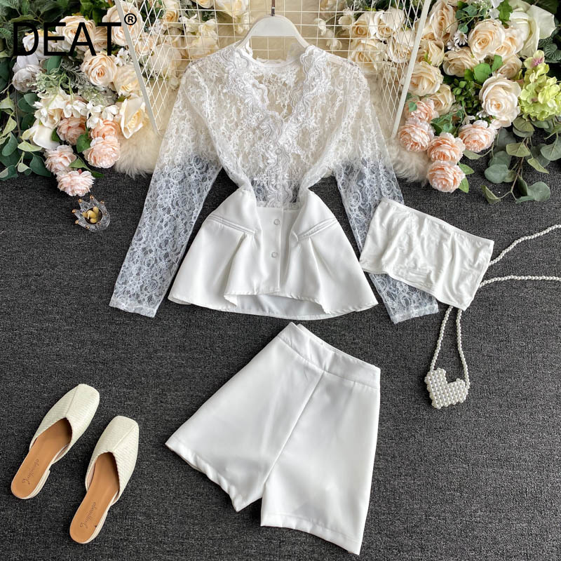 

Women Patchwork Lace Shorts Arrivals Transparent Two Piece Set Fashion Temperament Spring Summer 11D003 210525, Black