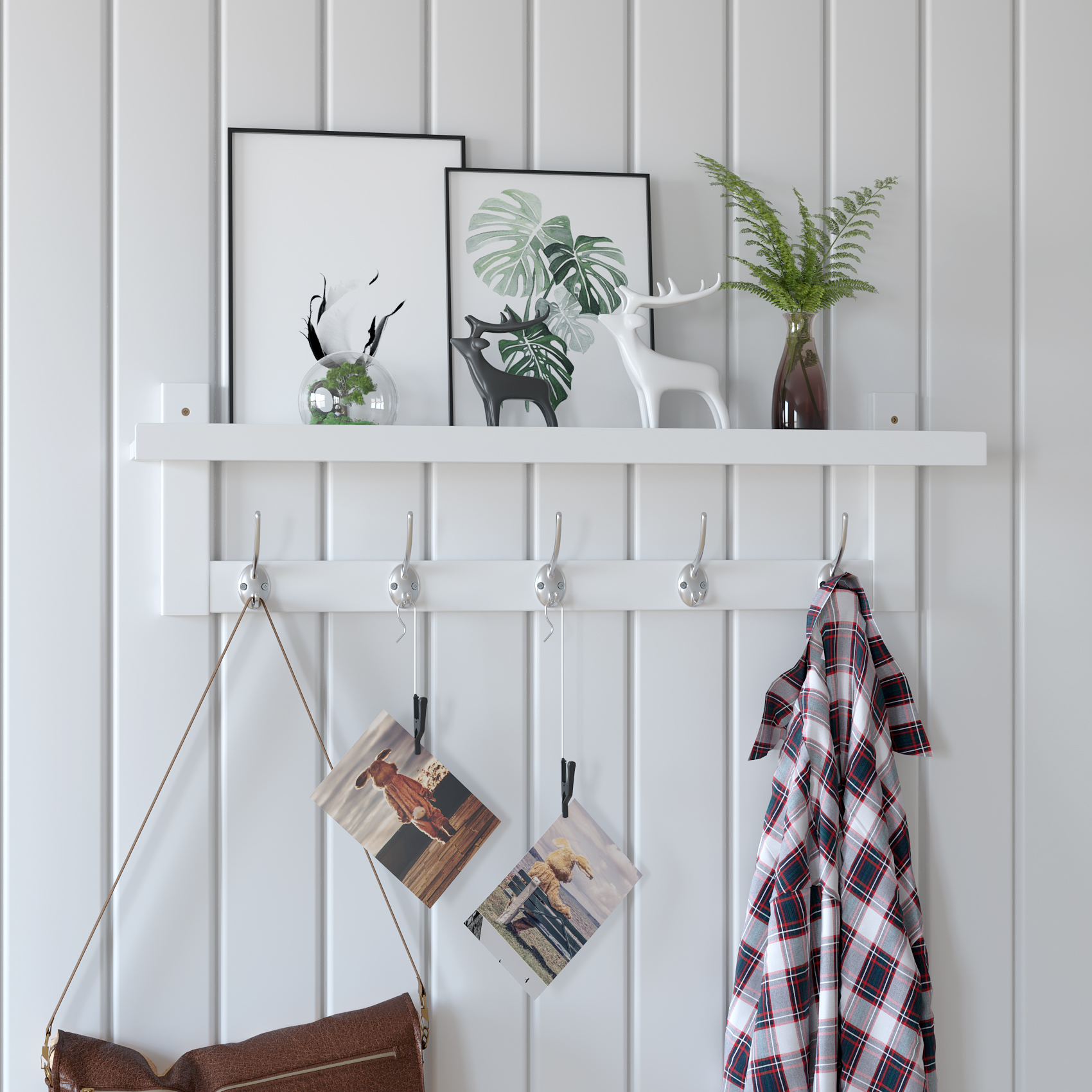 

Bamboo Entryway Coat Hook Rack with 5 Dual Metal Hooks, Wall-Mounted Shelf for Bedroom Bathroom Living Room