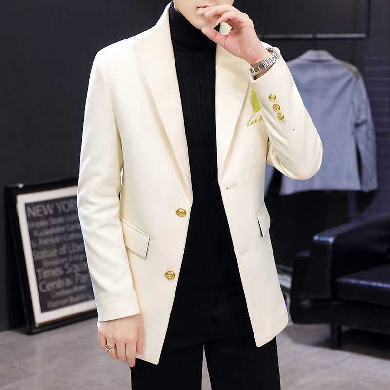 

2021 New Winter Korean Suit Woolen Trend Short Trench Coat Thick Warm Jacket Manteau Homme Hiver Men Clothes Jvjt, Beige