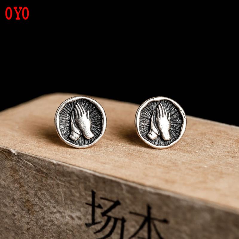 

Stud International Standard Genuine S925 Sterling Silver Thai Praying Pious Hands Earrings