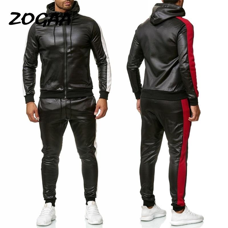 

Men's Tracksuits ZOGAA PU Leather Hoodies Set 2 Piece Casual Sweatsuit Hooded Jacket And Pants Jogging Suit Men, Red