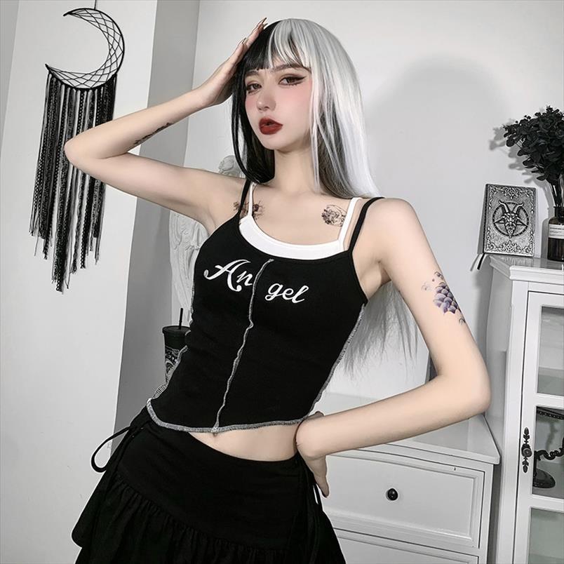

goth harajuku punk letter women camis embroidery patchwork spaghetti straps camisole gothic bodycon backless crop, White