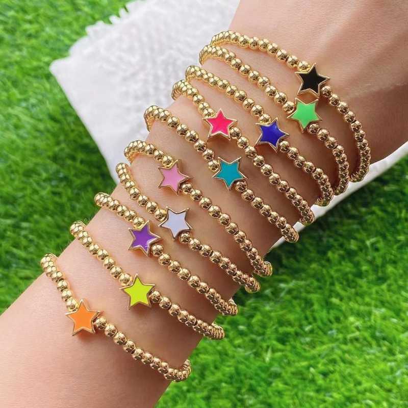 

Beaded, Strands 10PCS, Gold Color Ball Beads Bracelet With Enamel Heart, Star Charm Colorful Beaded