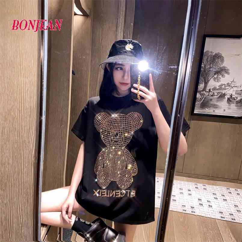 

Beading Bear Women T-shirt Harajuku Plus Size Short-Sleeved HIp Hop Cotton Loose Crystal Maxi Korean Female Clothes Top 210708, Black