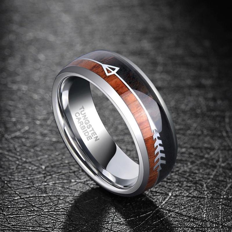

Wedding Rings 8MM Men Fashion Silver Color Stainless Steel Ring Wood Inlay Arrow Band Men's Jewelry Gift For Him