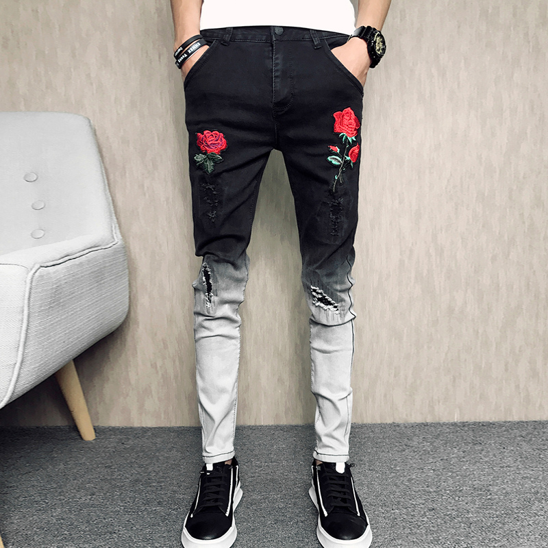 

2021 New Moda Rosa Flor Bordado Dos Homens Vero Novo Jeans Magros Casual Ajuste Preto Hip Hop Calas De Brim Opsh, Black