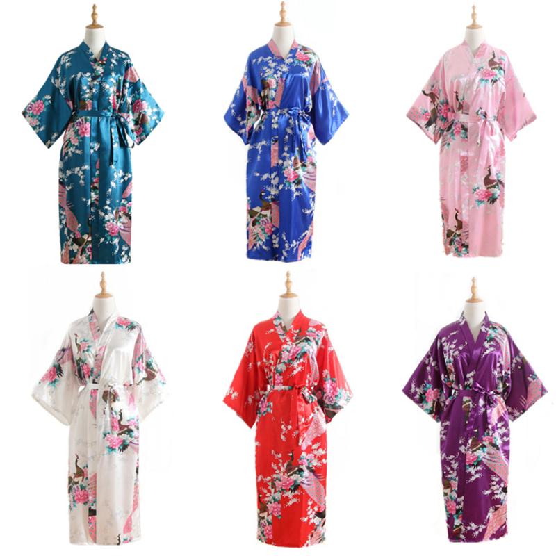 

Ethnic Clothing 15Color Women Japanese Style Kimono Yukata Sleep Wear Peacock Satin Thin Long Nightgown Robes Traditional Adult Loose