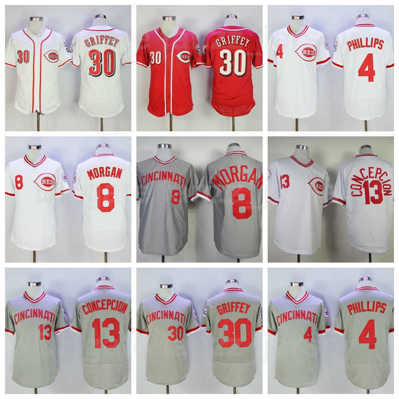 

1976 Retro Baseball 13 Dave Concepcion Jersey Vintage 30 Ken Griffey 4 Brandon Phillips 8 Joe Morgan Retire Pullover Team Red White Grey All Stitched High Quality, 1976 vintage