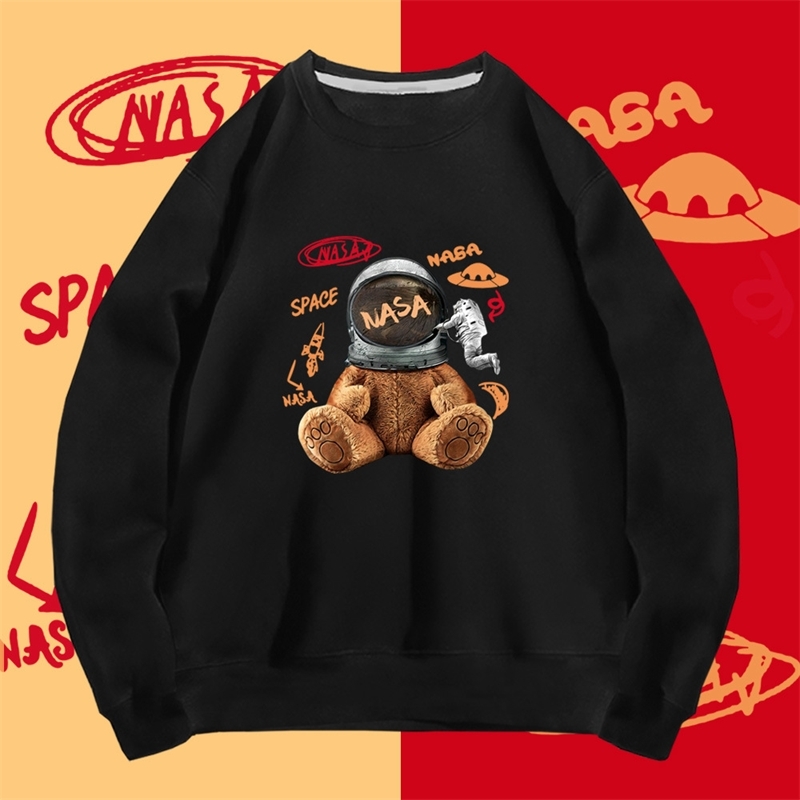 

NASA crew round neck sweater men's and women's thickened cotton loose clothes Cartoon Bear Korean top fashion, 2253 nasa bear black