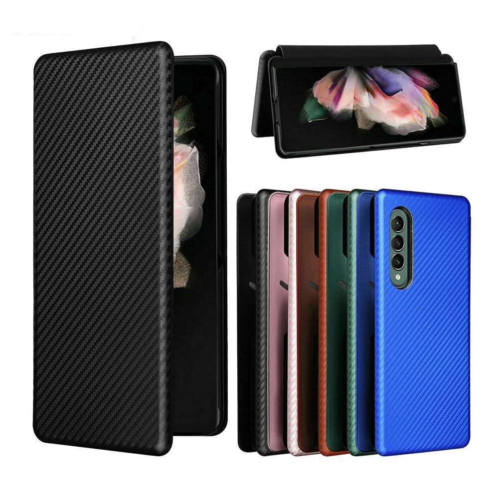 

Carbon Fiber Cases For Samsung Galaxy Z Fold3 Fold 3 Case 5G Magnetic Book Stand Flip Card Protective Wallet Leather Cover, Brown
