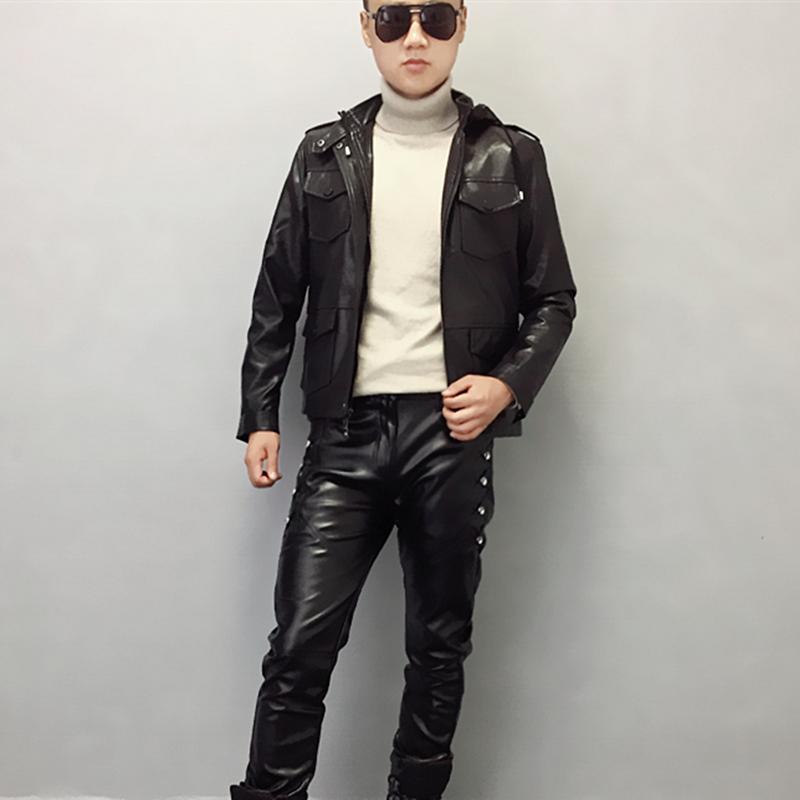 

Men's Jackets 2021 Spring Hooded Jacket Men Long Sleeve Leather Korean Fashion Casual Skinny Motorcycle Coats -5XL, Black