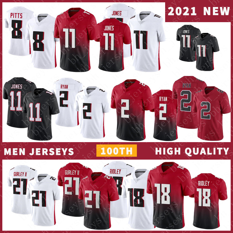 

8 Kyle Pitts 11 Julio 45 Deion Jones Football Jersey 2 Matt Ryan 21 Todd Gurley II 97 Grady Jarrett 76 Kaleb McGary 18 Ridley Stitched Mens, Black;red