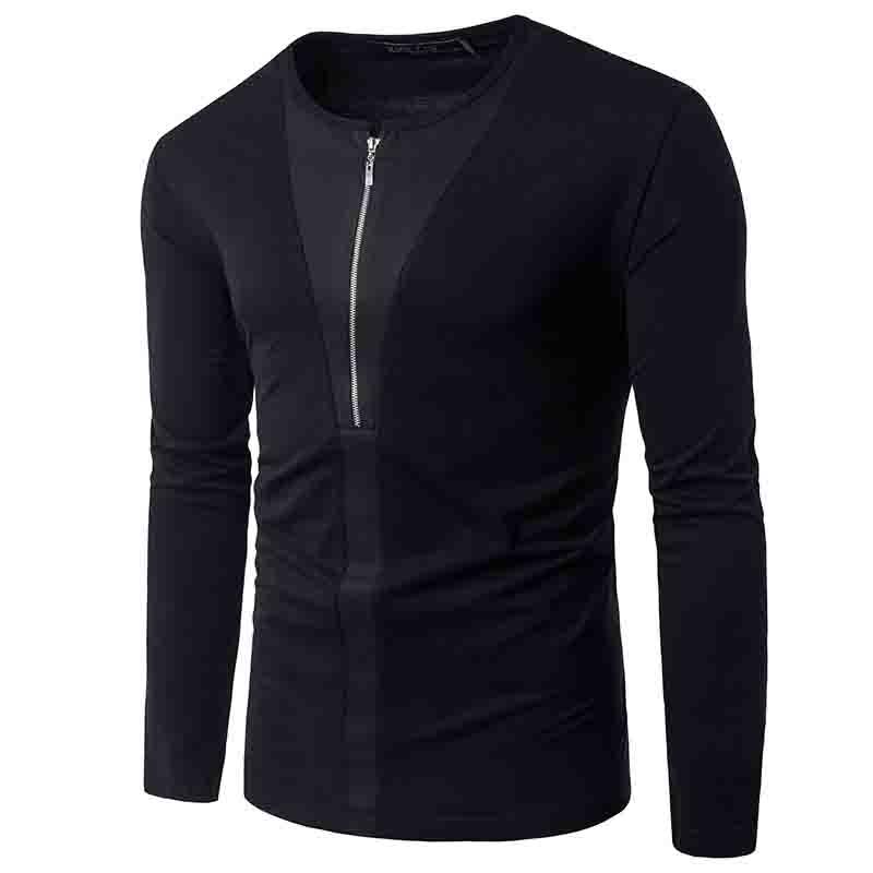 

NEW 2021 Fashion spring autumn Half zipper placket patchwork black white Slim fit O-Neck long sleeve tee-shirt man men t shirt