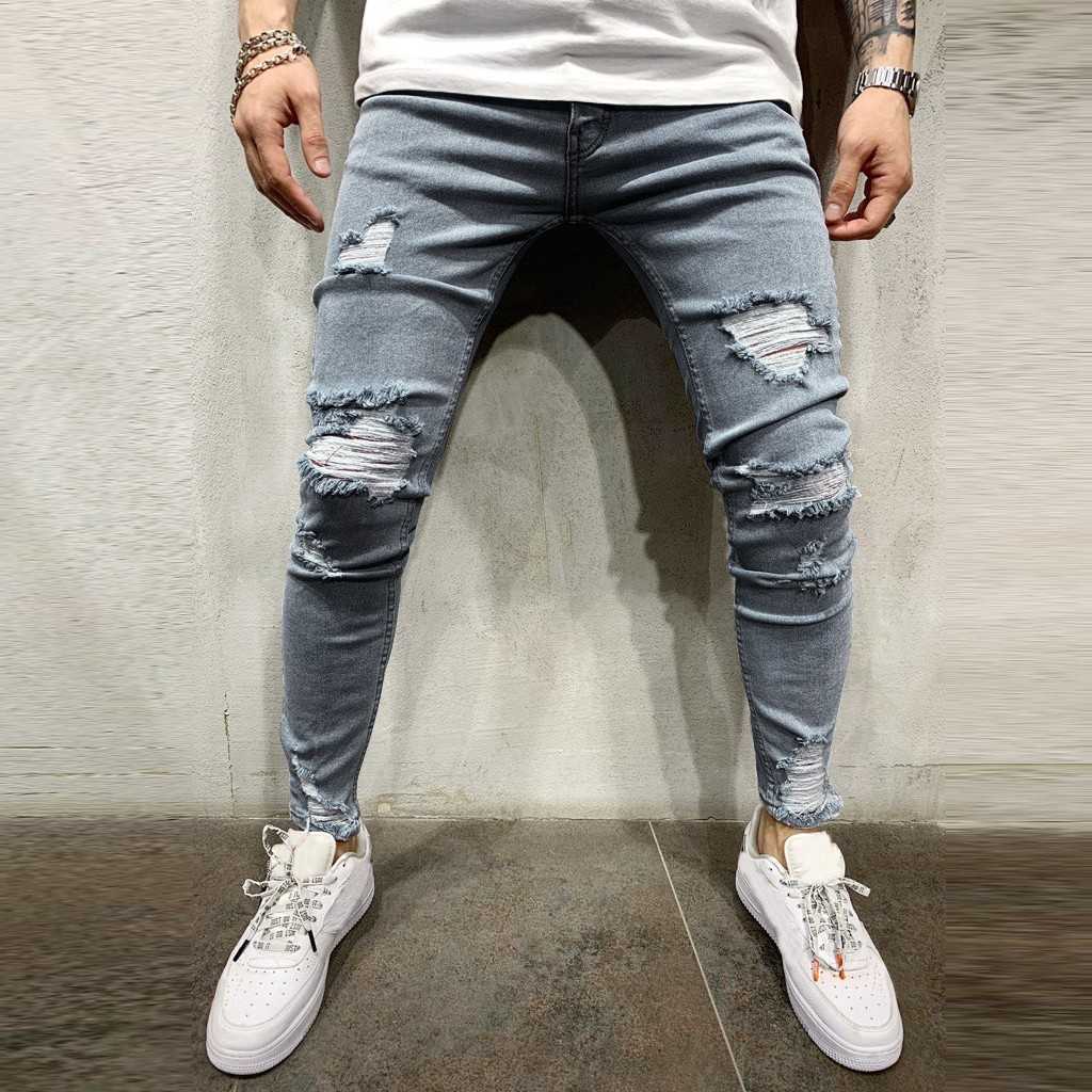 

Men Stretchy Ripped Skinny Biker Embroidery Print Slim Fit Jeans Casual Summer Male Ripped Skinny Trousers Slim Biker Outwears X0621, Blue
