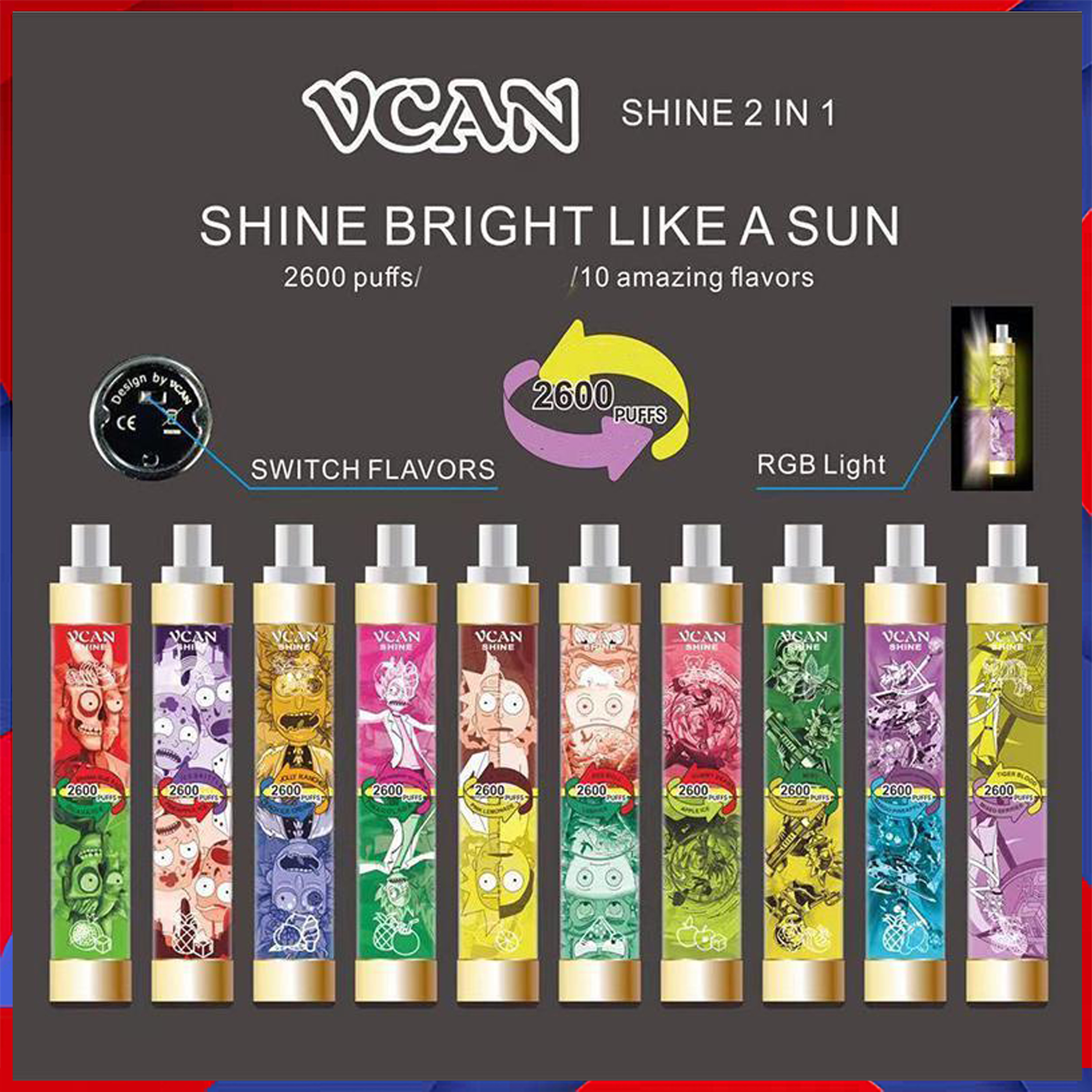 

100% Original Vcan Shine 2 in 1 Disposable Device Cigarettes 2600 Puffs 8ML Pre-Filled Vape Pods 1300mah Battery Aviliable RandM RM Max Switch