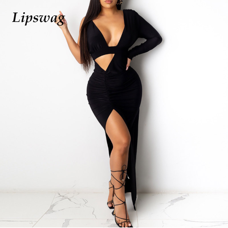 

deep v neck hollow out party dress women one shoulder long sleeve draped long dress elegant high split bodycon maxi dresseshigh quality, Black;gray