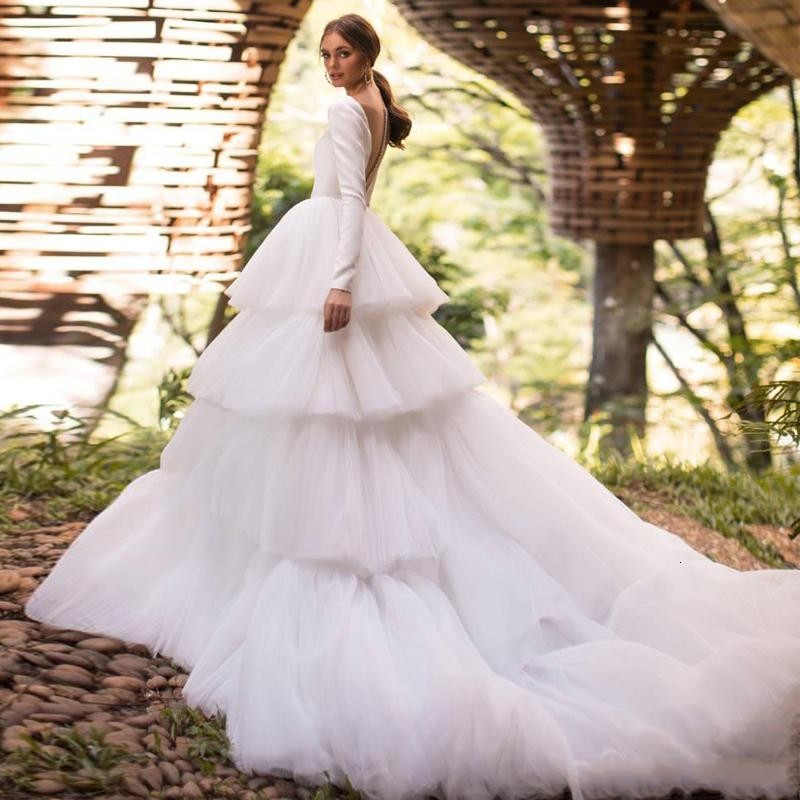 

New Modern Layered Ball Gown Wedding Es 2021 Illusion Back Long Sleeve Tiered Garden Bridal Custom Made Robe De Mairee Idpa, Red